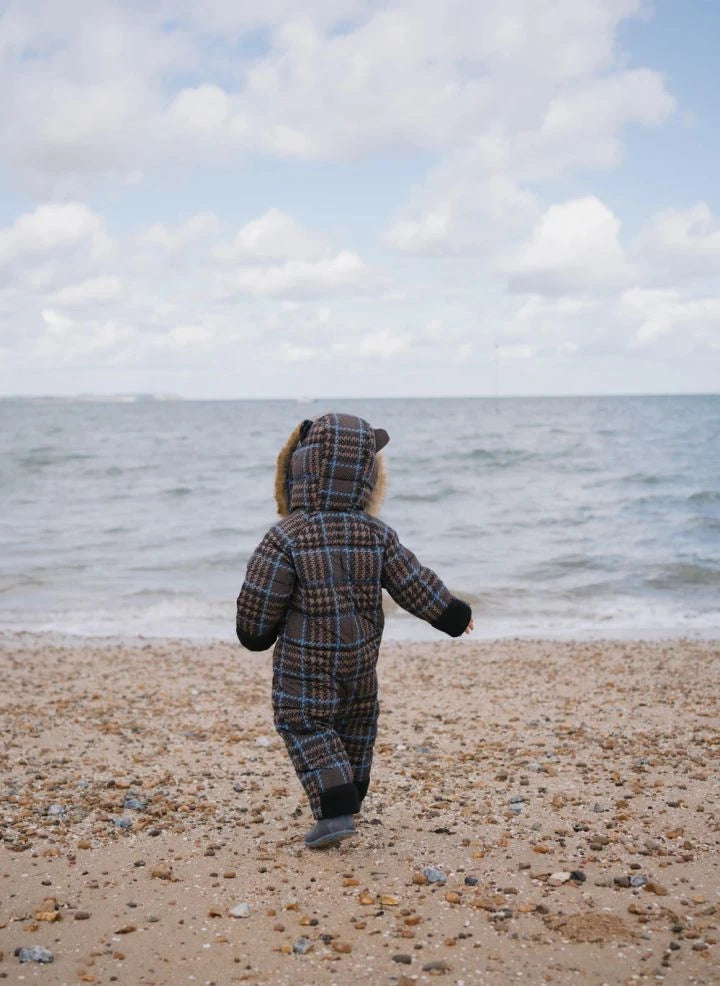 Töastie - Waterproof Faux Fur Hooded Cloud Jacket, Recycled Fiber Plaid Pattern | Blue