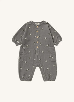 Studio Bohème - Big Papi Floral Patterned Ribbed Velvet Organic Cotton Jumpsuit | Blue