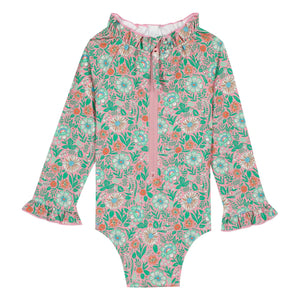 Bonton - Long Sleeve Ruffle Collar Swimsuit Flowers | Lilac