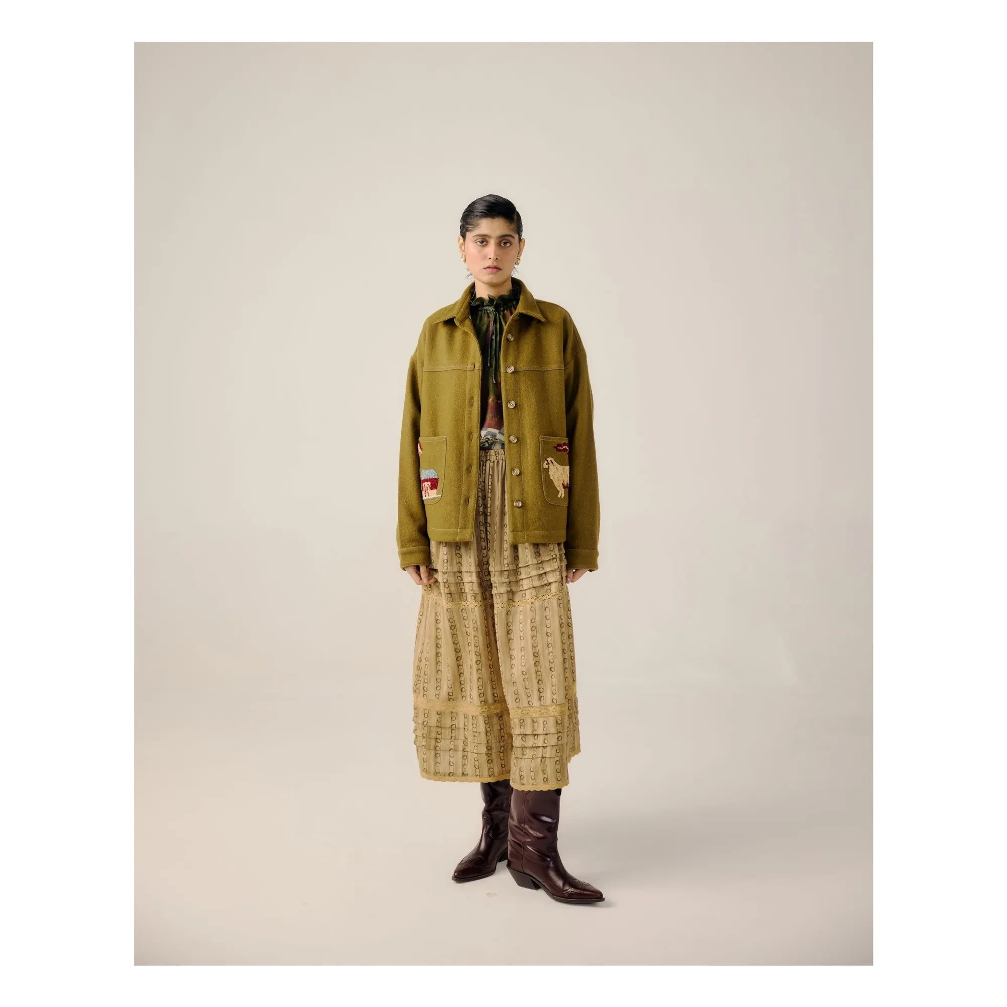 CORD - Ava Crountryside Yün Nakışlı Ceket | Zeytin yeşili