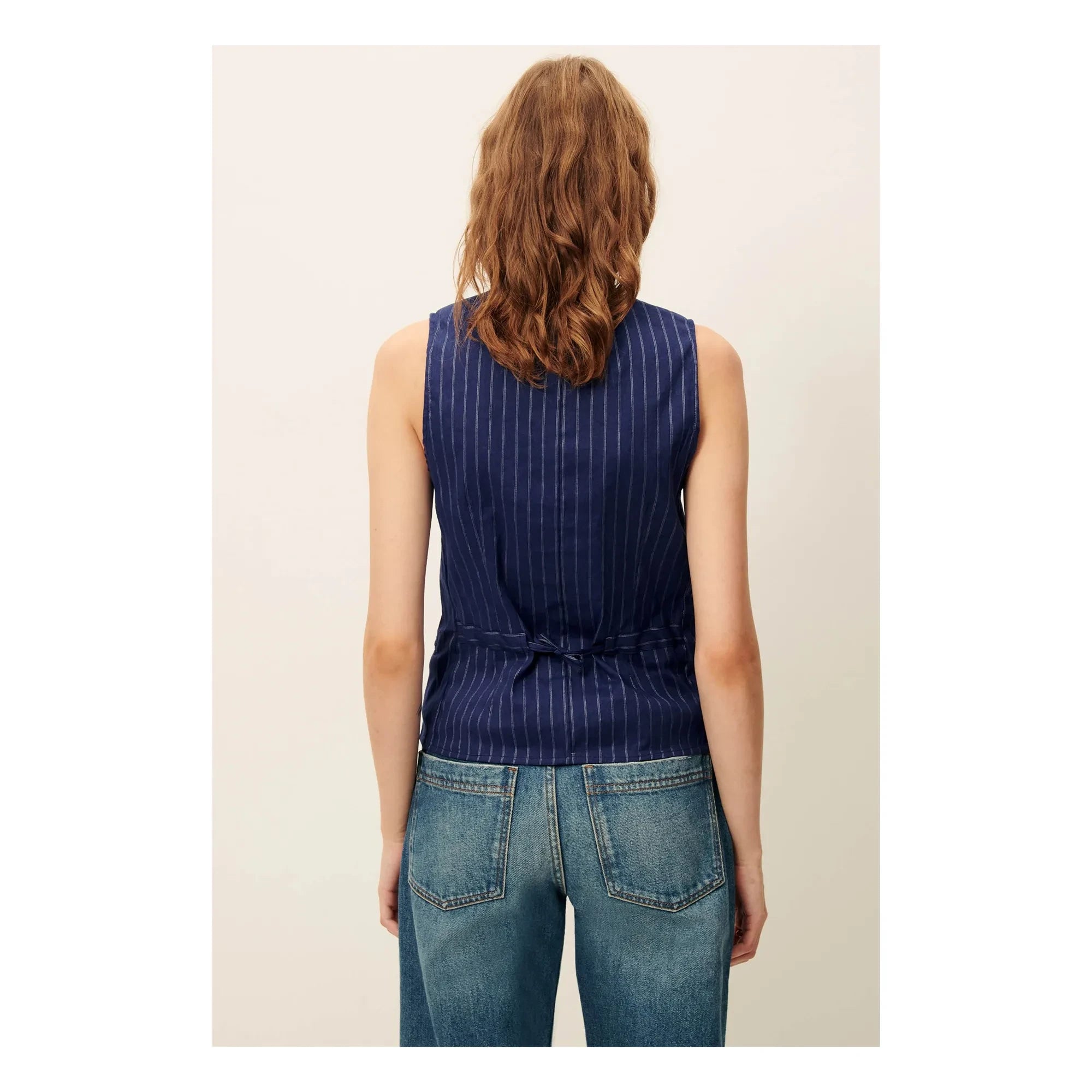 Sessùn - Fernando Linen Striped Sleeveless Blouse | Navy Blue