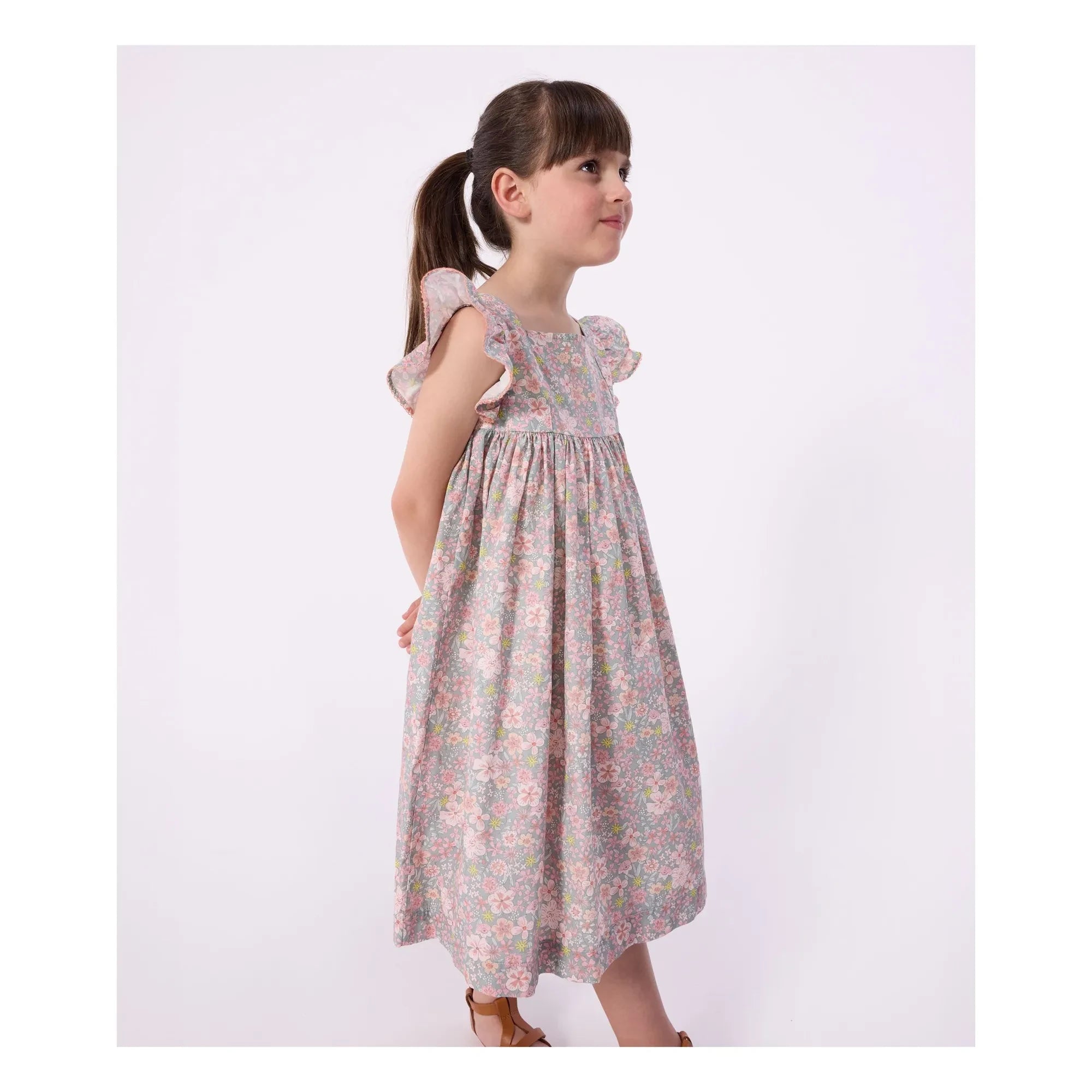Petit Bateau - Organic Cotton Poplin Floral Sleeveless Dress | Gray Blue