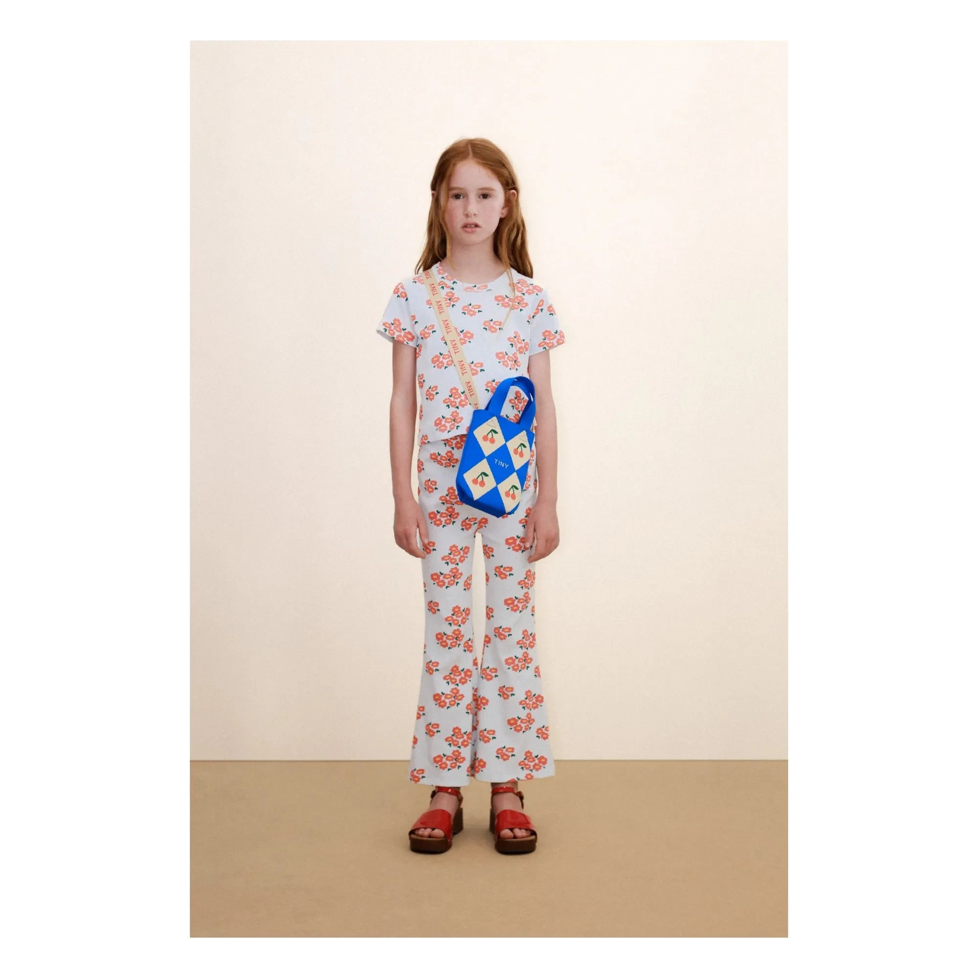 Tinycottons - Organic Cotton Flare Pants with Floral Print Ribbed | Light blue