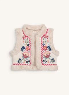 Louise Misha - Librana Organic Cotton Sleeveless Fur Jacket | Cream