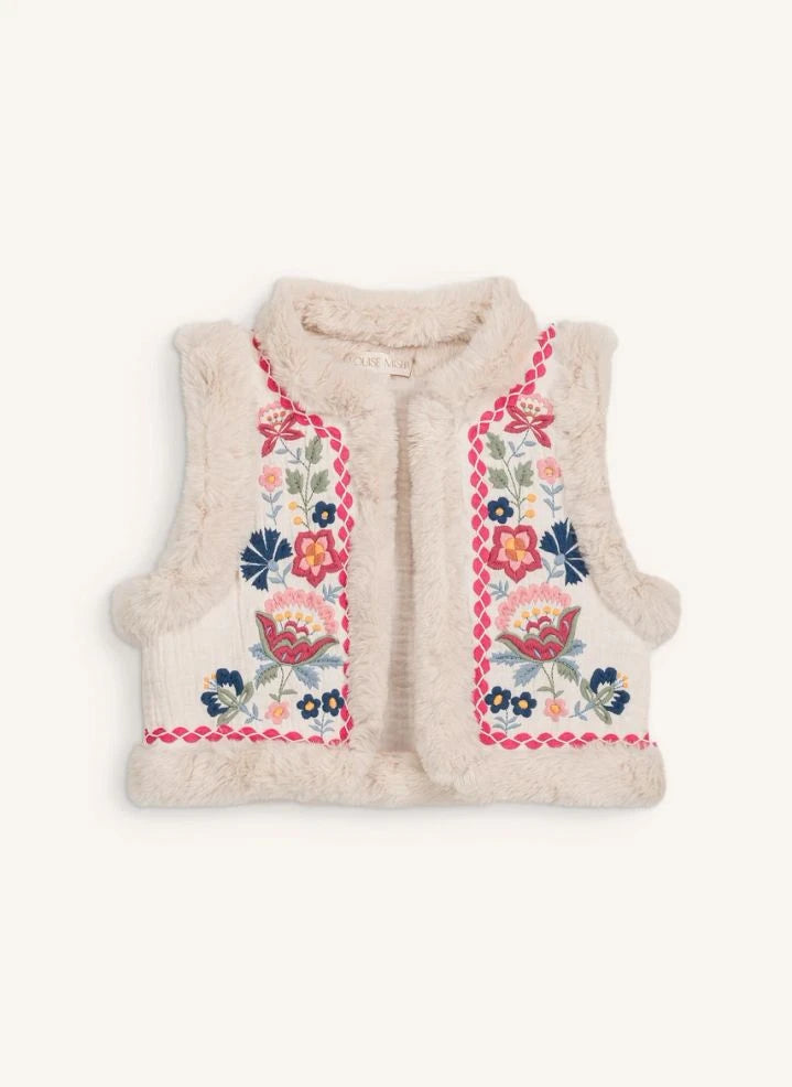 Louise Misha - Librana Organic Cotton Sleeveless Fur Jacket | Cream