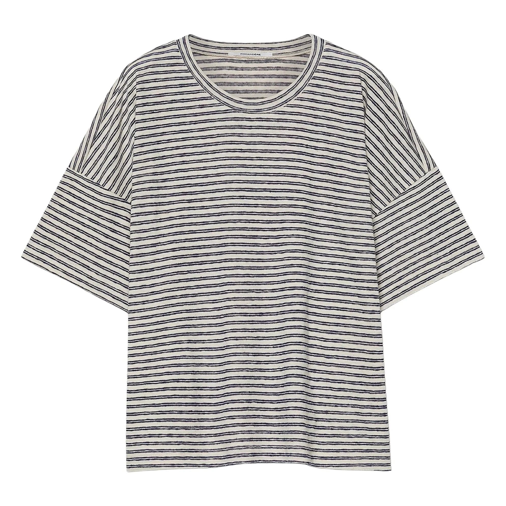 Pomandère - Cotton and Linen Jarse Striped T-Shirt | Night Blue