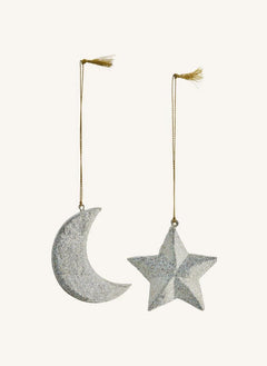 Madam Stoltz - Paper Mâché Moon and Star Christmas Ornament - Set of 2 | Silver