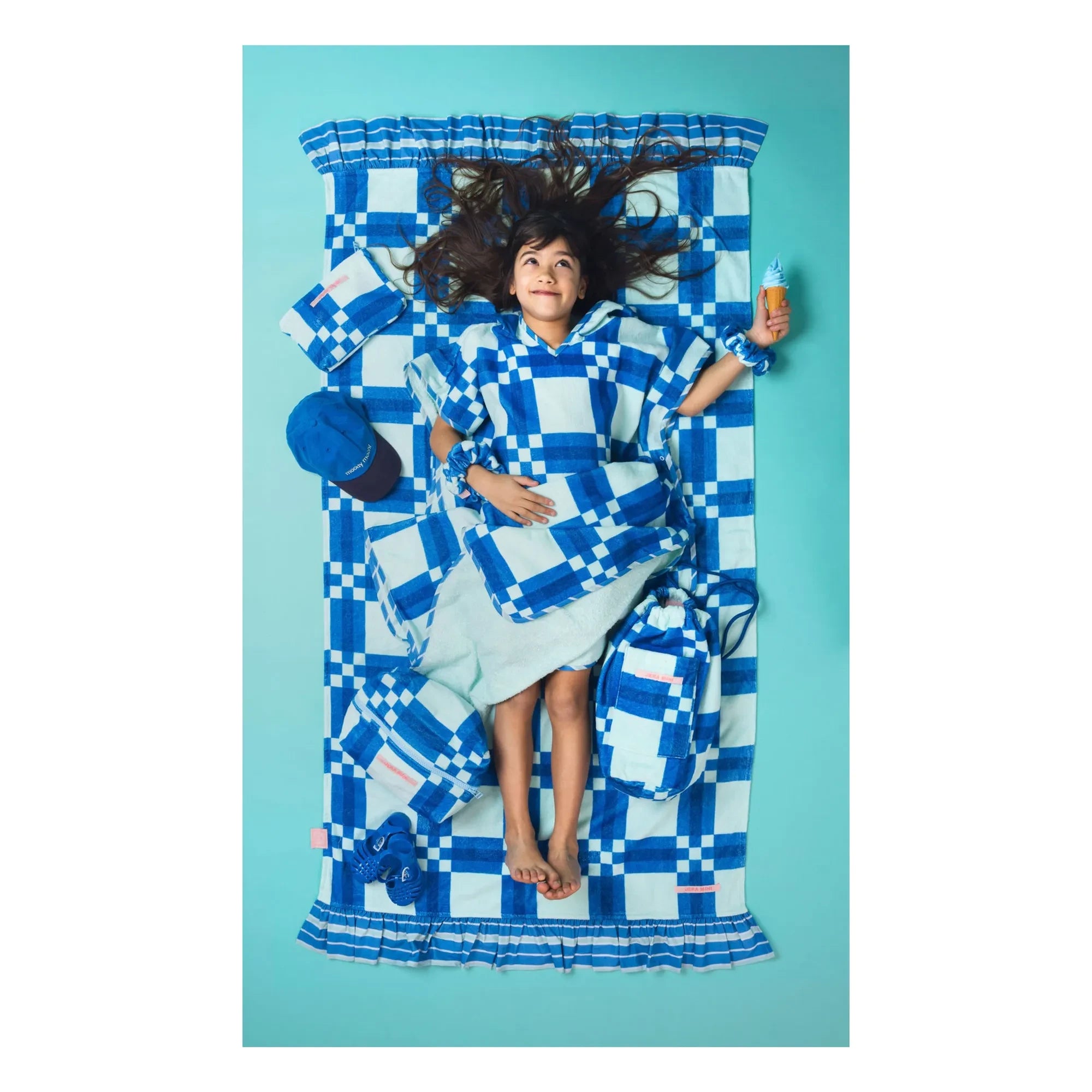 Jera Mini - Blue Towel with Ruffles and Checkered Pattern | Blue