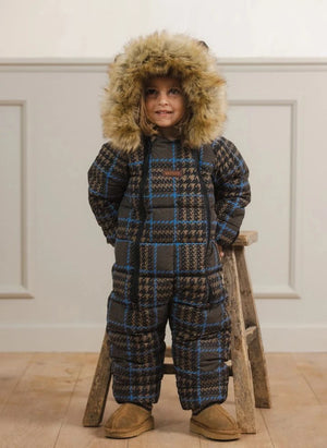 Töastie - Waterproof Faux Fur Hooded Cloud Jacket, Recycled Fiber Plaid Pattern | Blue