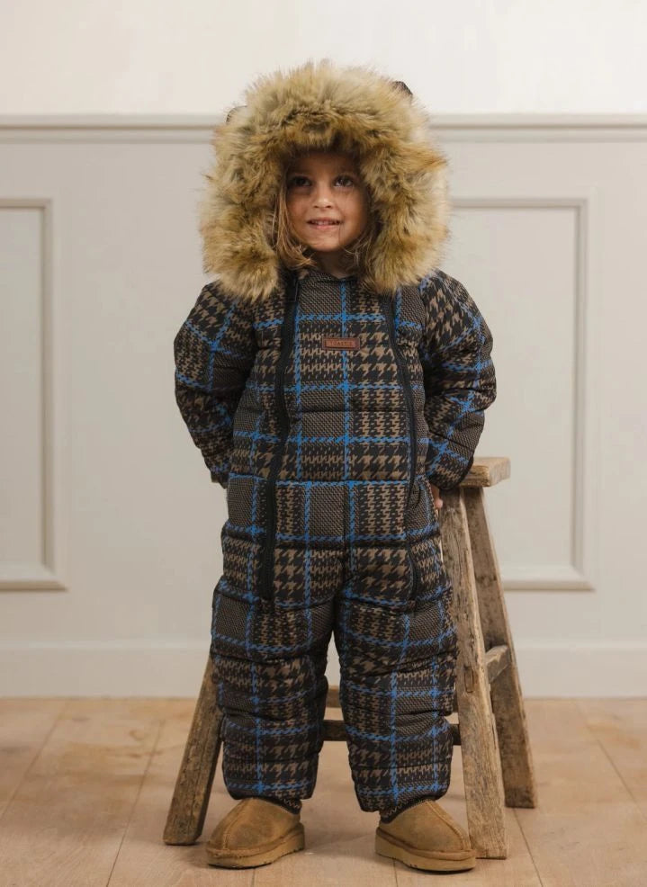 Töastie - Waterproof Faux Fur Hooded Cloud Jacket, Recycled Fiber Plaid Pattern | Blue