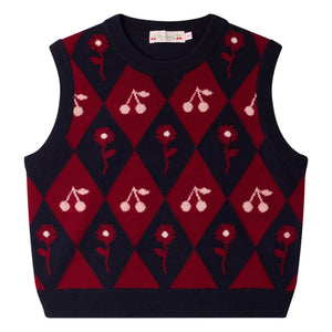 Bonpoint - Maelle Cherry Pattern Wool Sleeveless Sweater | Navy Blue