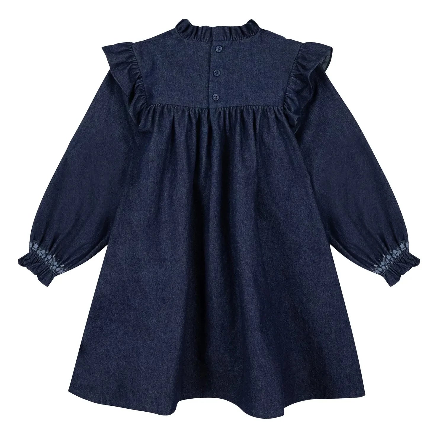 Bonton - Babouchka Pamuklu Chambray Fırfırlı Elbise | Koyu Mavi