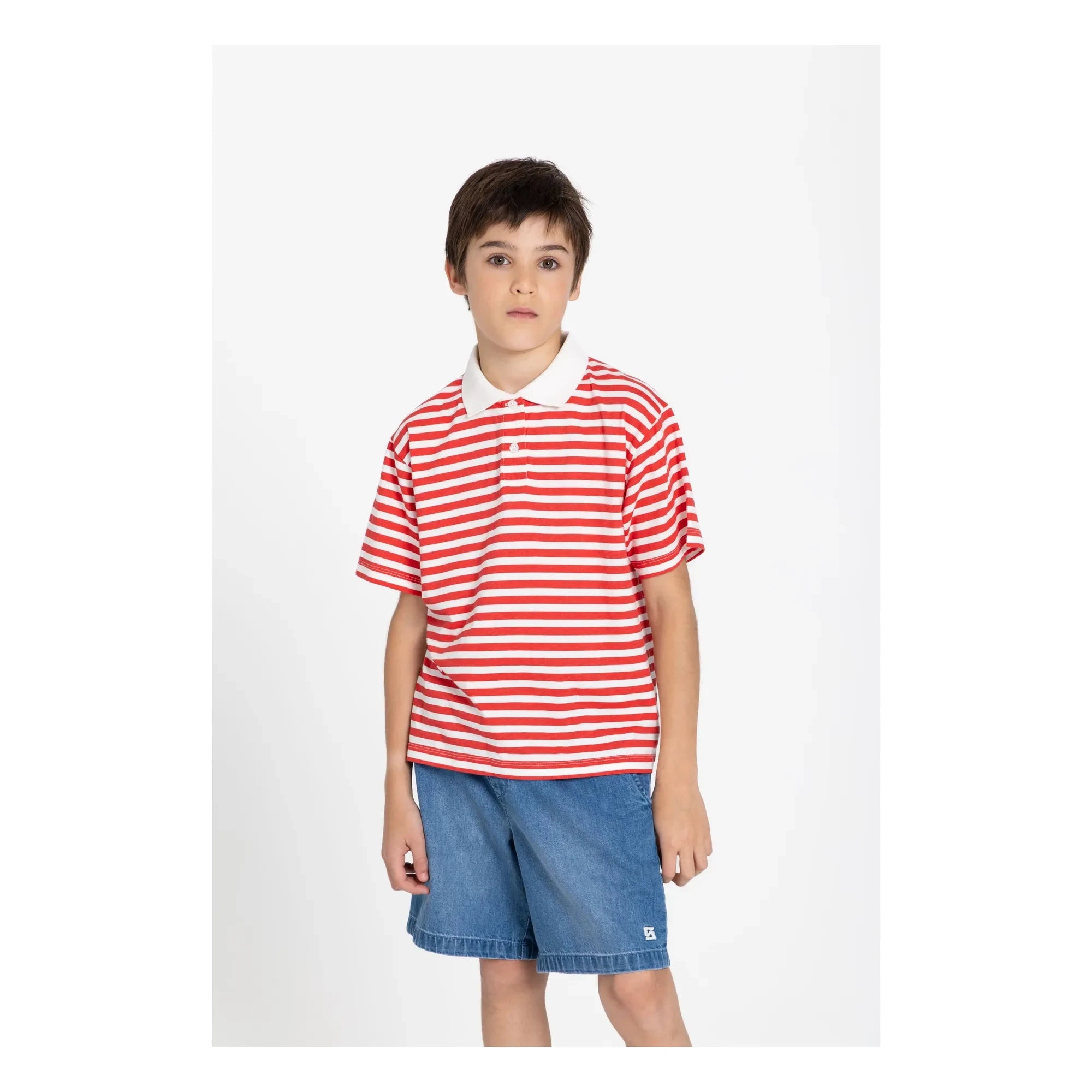 Smallable Kid - Tilo Striped Organic Cotton Polo T-Shirt | Dark Red