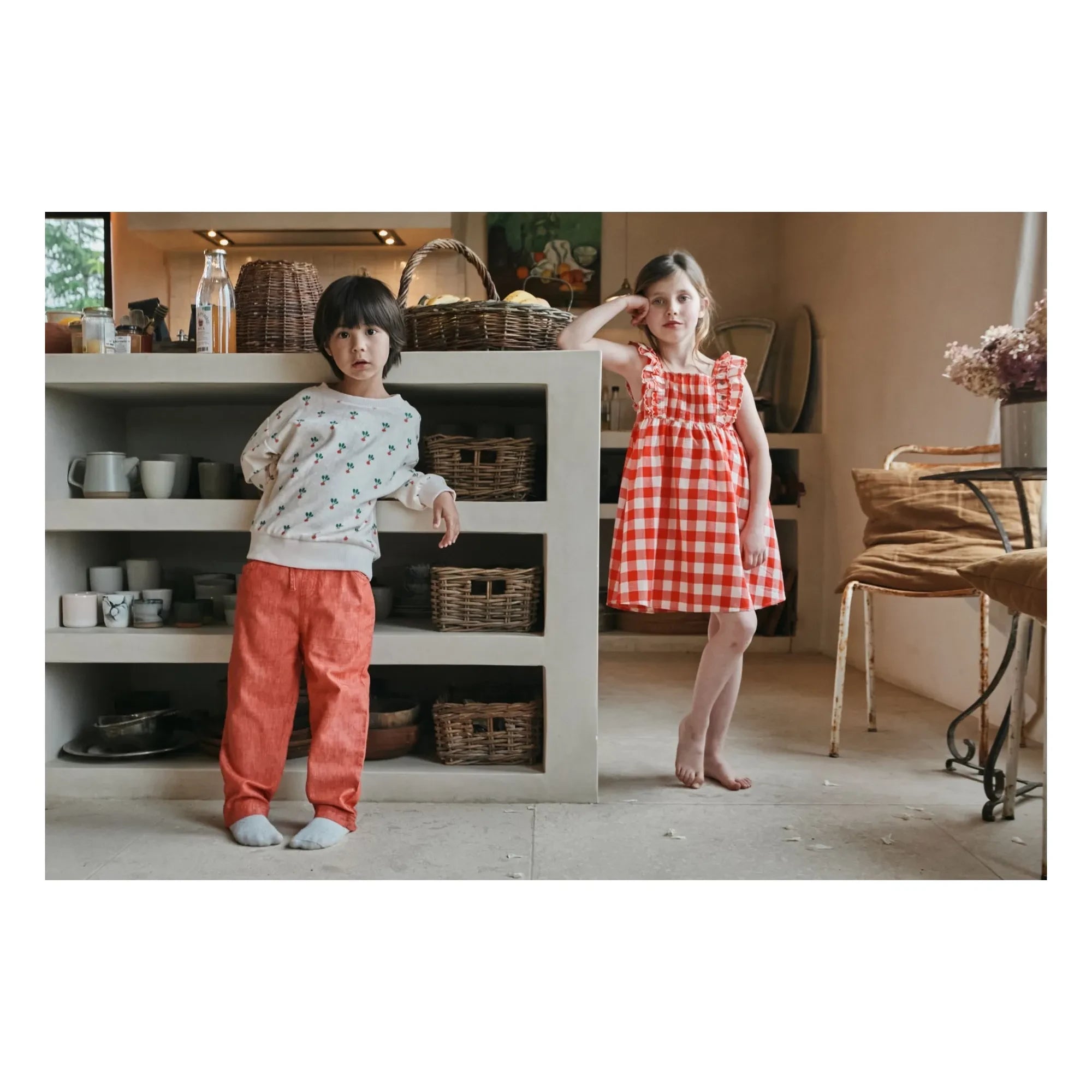 Emile et Ida - Organic Cotton Check Embroidered Dress | Red