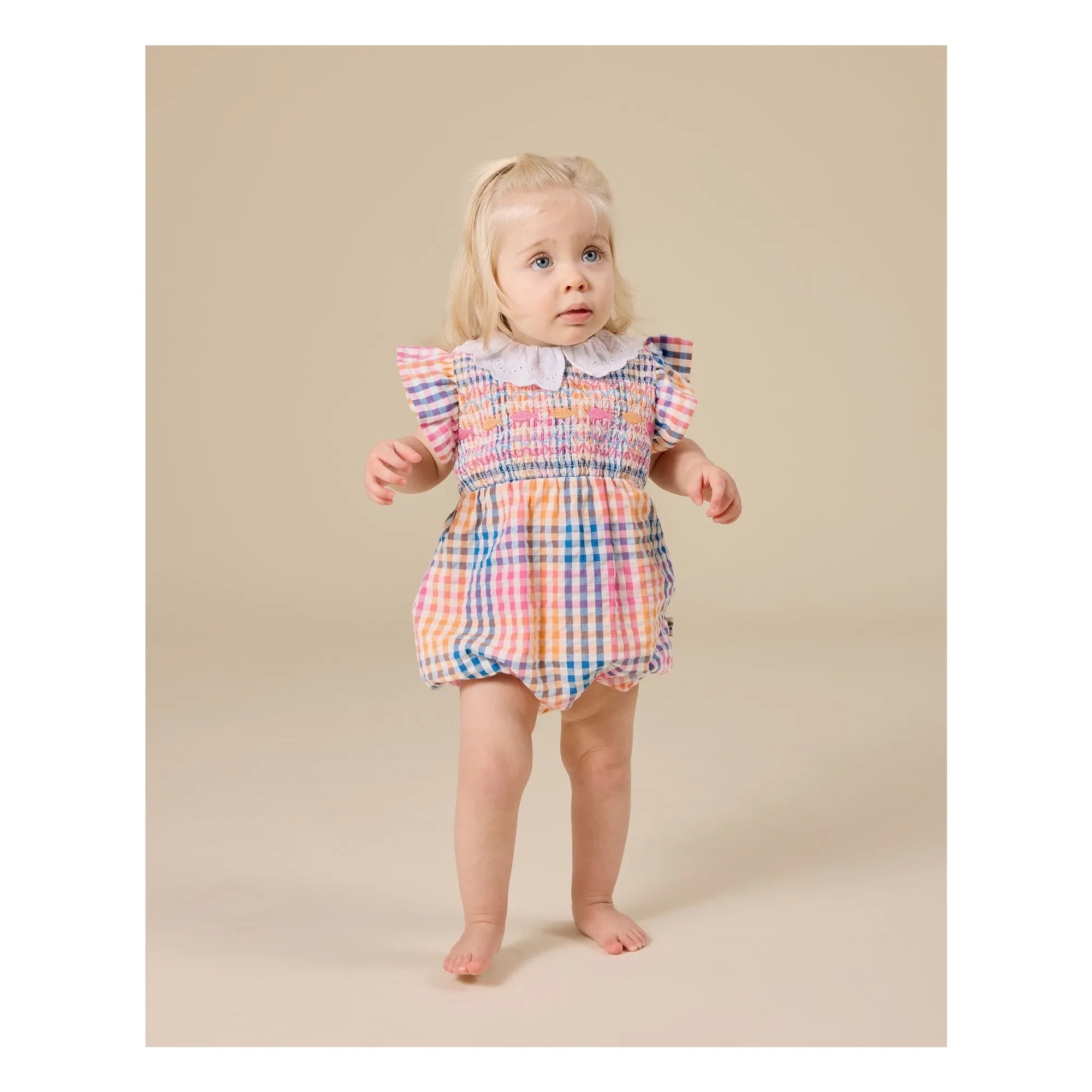 Goldie + Ace - Gathered Checkered Romper | Blue