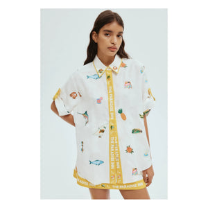 Alémais - Blue Marlin Linen Embroidered Shirt | Ecru