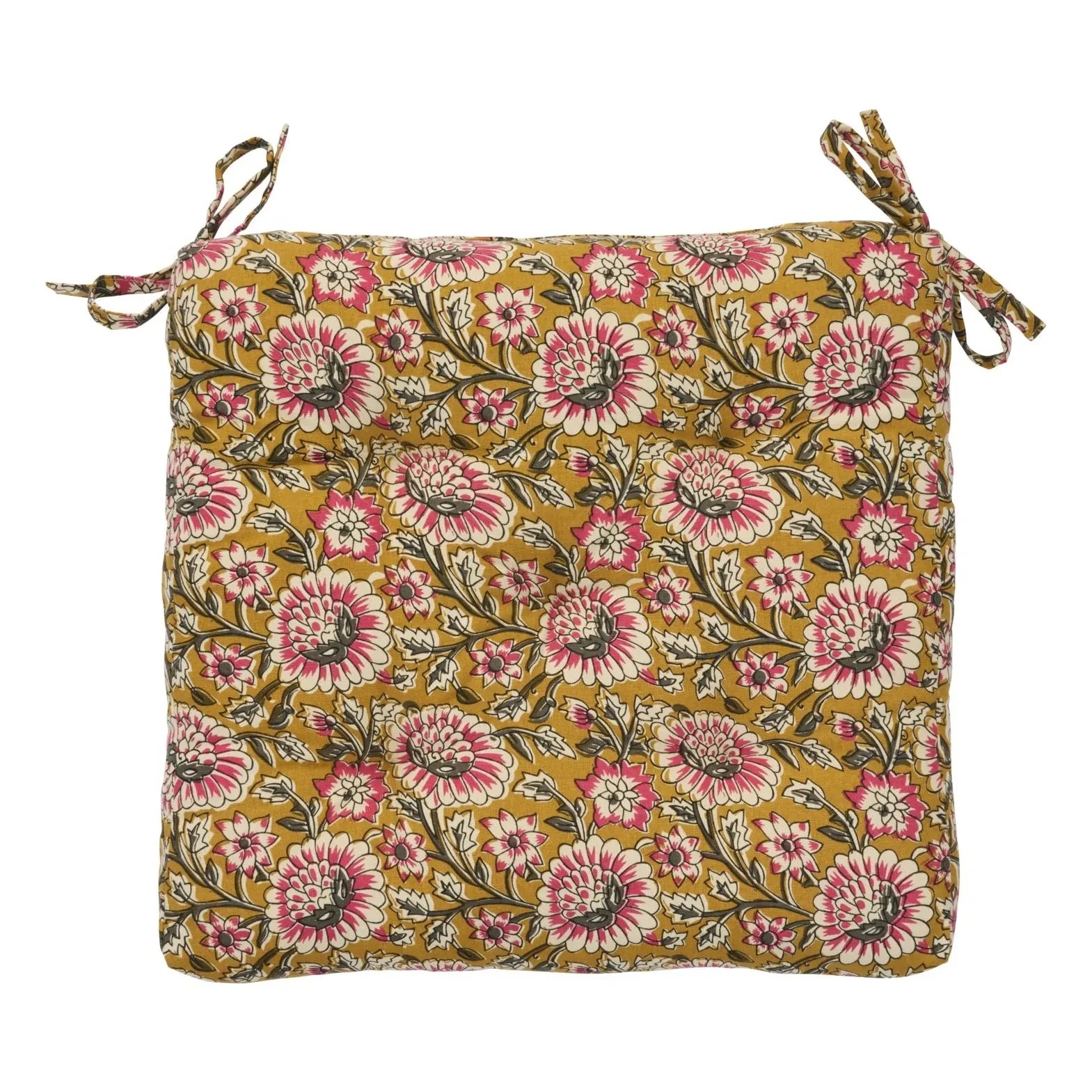 Madame Stoltz - Cotton chair cushion with floral print | Mustard