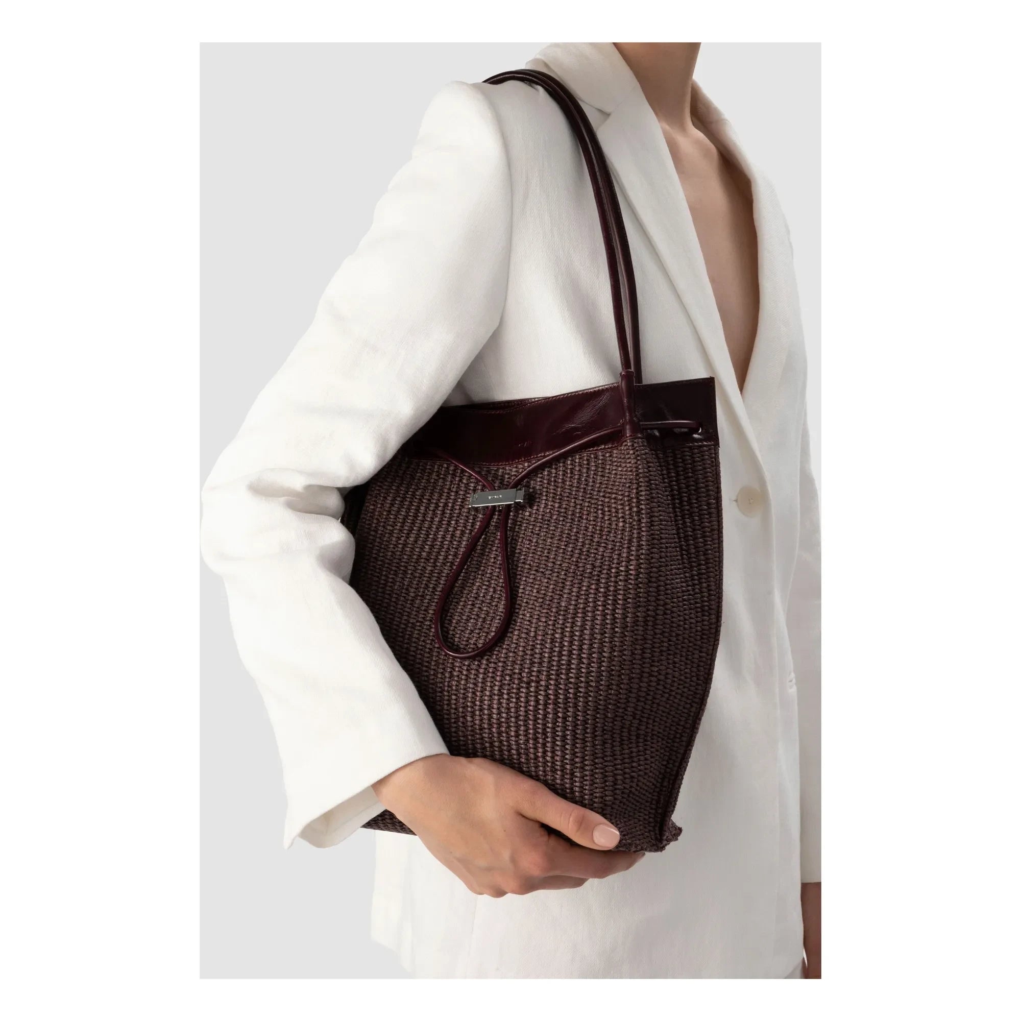 BY FAR - Kayla Raphia and Leather Bag | Burgundy