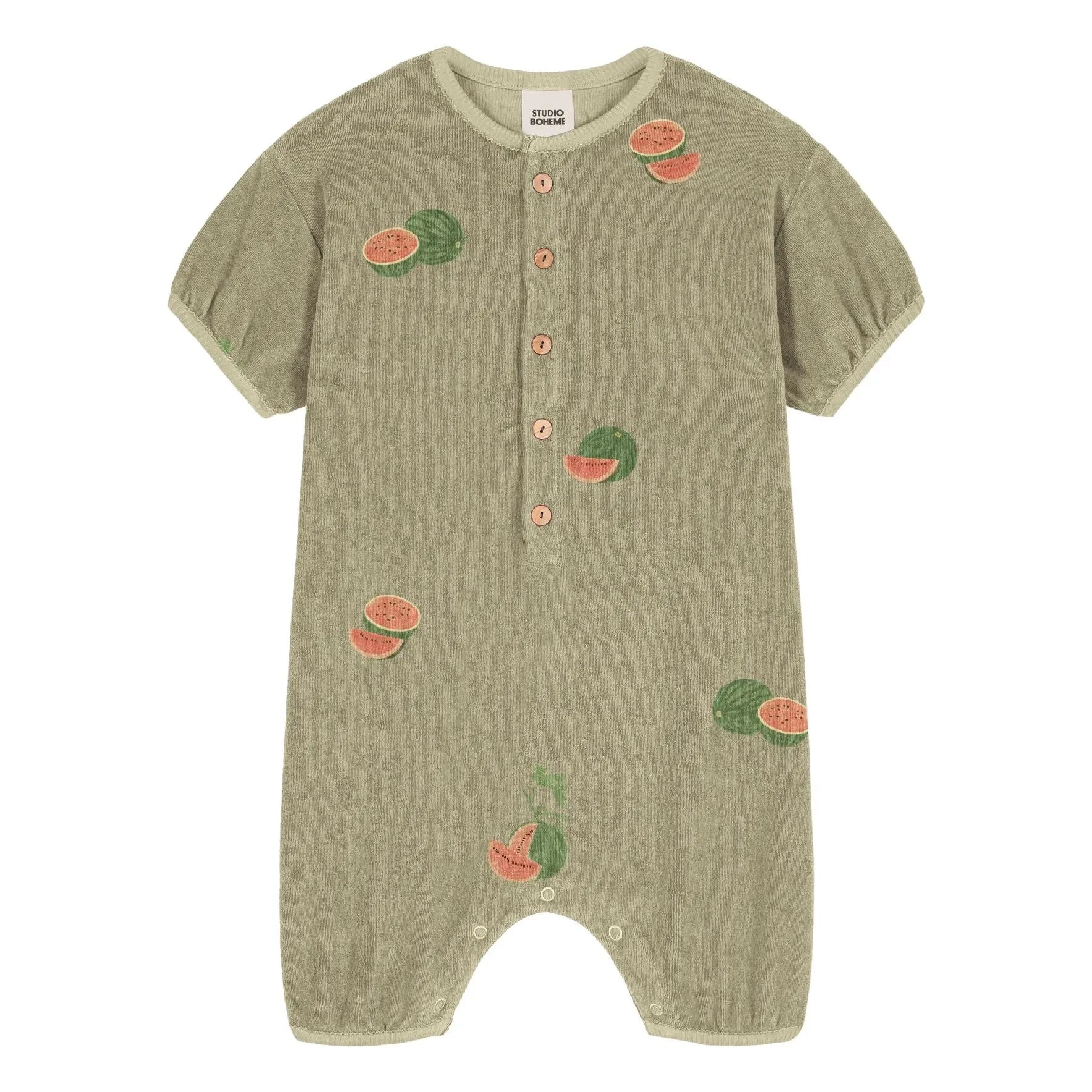 Studio Bohème - Bebecito Watermelon Organic Cotton Towel Romper | Khaki