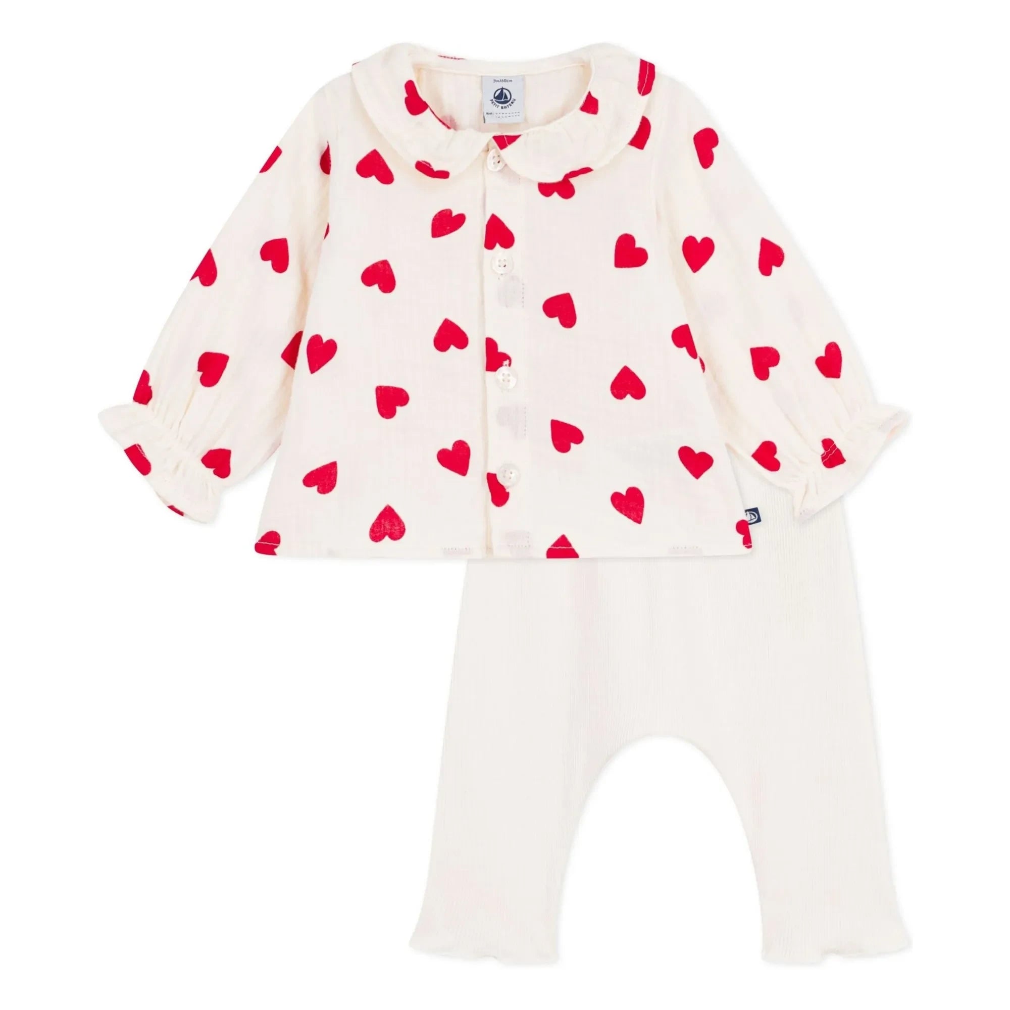 Petit Bateau - Organic Cotton Gingham Heart Blouse and Leggings Set | Ecru