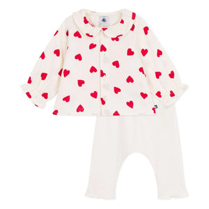 Petit Bateau - Organic Cotton Gingham Heart Blouse and Leggings Set | Ecru