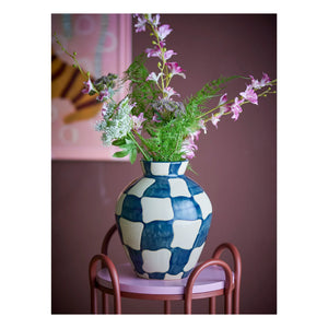 Bloomingville - Checkered Stone Ceramic Vase | Blue