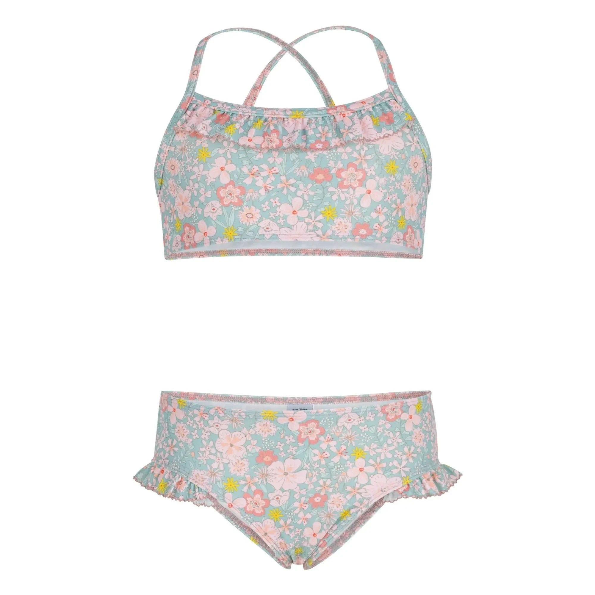 Petit Bateau - 2 Piece Swimsuit with Floral Ruffles | Grey Blue
