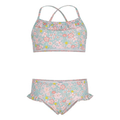 Petit Bateau - 2 Piece Swimsuit with Floral Ruffles | Grey Blue