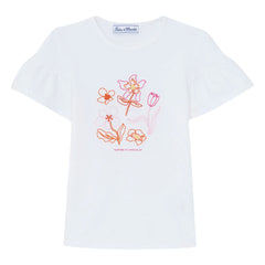 Tartine et Chocolat - Floral Embroidered Balloon Sleeve T-Shirt | White