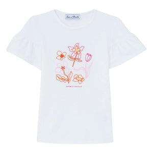 Tartine et Chocolat - Floral Embroidered Balloon Sleeve T-Shirt | White