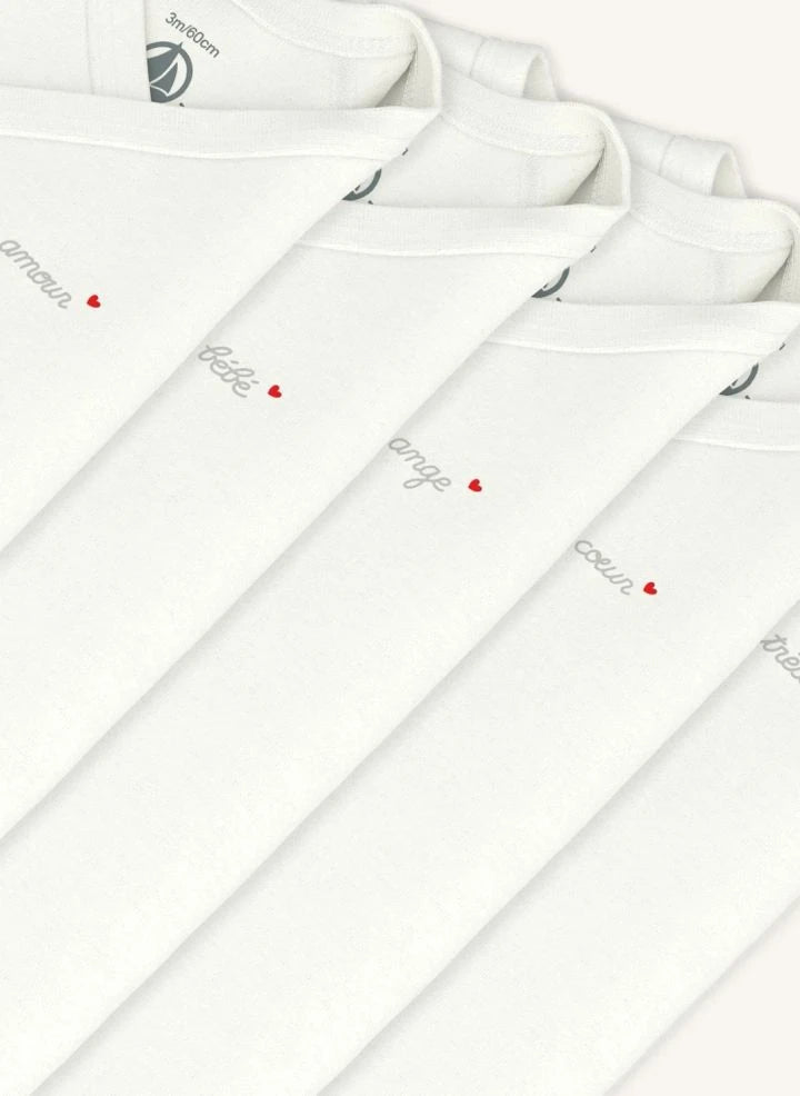Petit Bateau - 5-Pack Mon Coeur Organic Cotton Wrap Bodysuit Set | White
