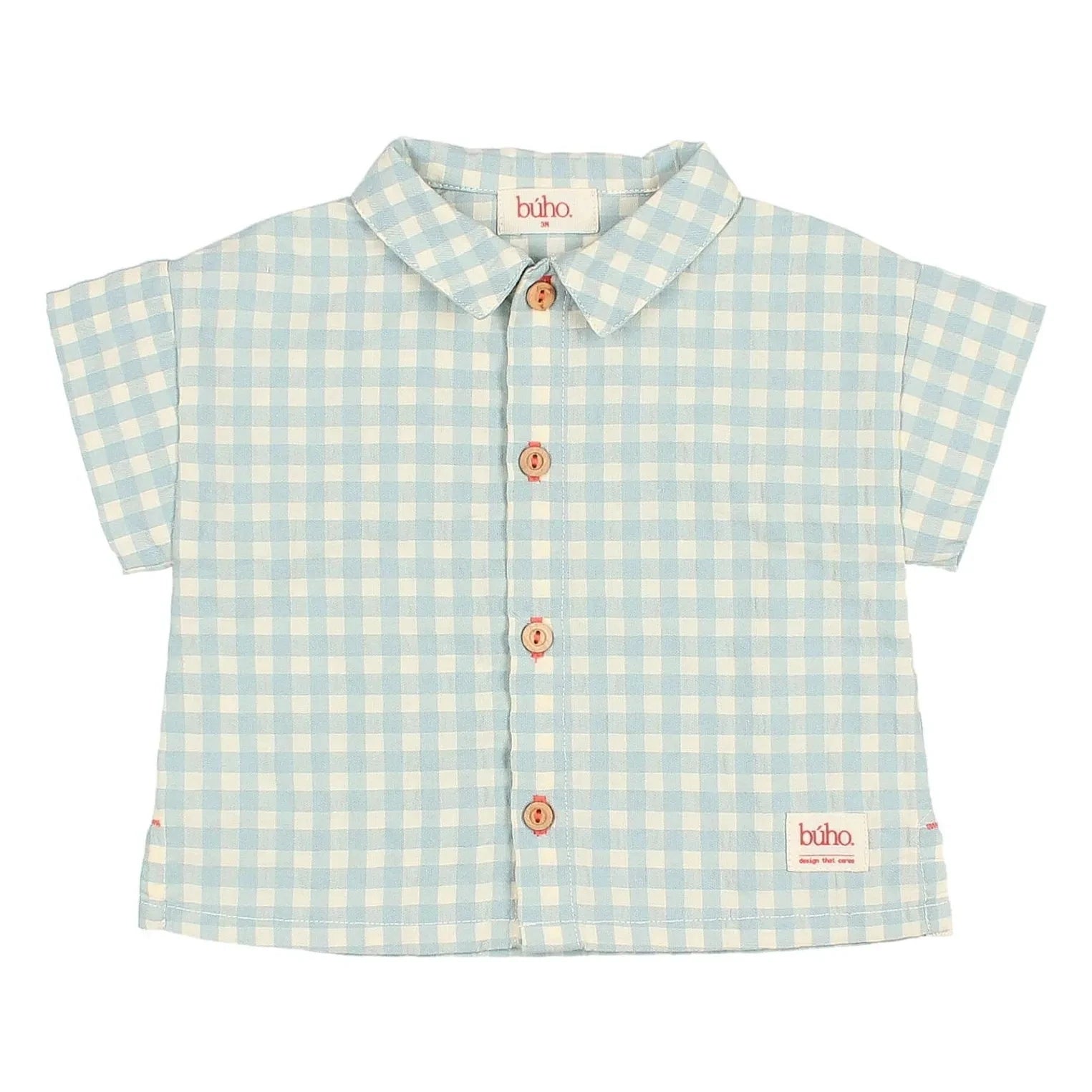 Búho - Gingham Seersucker Organik Pamuklu Bebek Gömleği | Aqua
