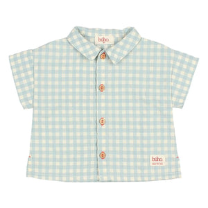 Búho - Gingham Seersucker Organik Pamuklu Bebek Gömleği | Aqua