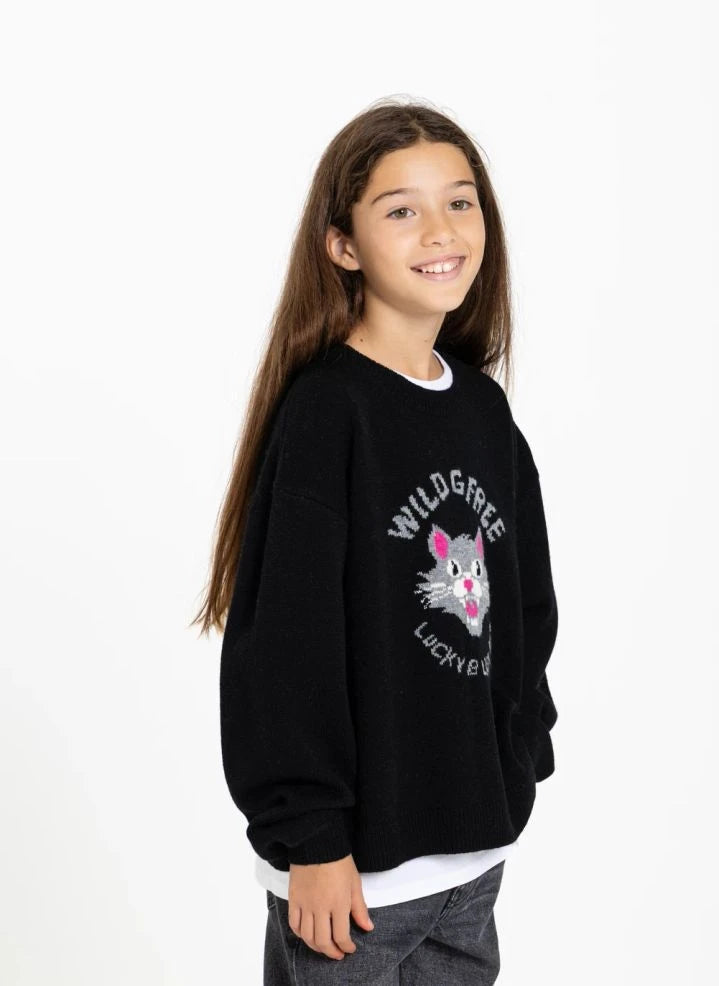 Finger in the nose - Sally Black Cat Merino Wool Sweater | Black