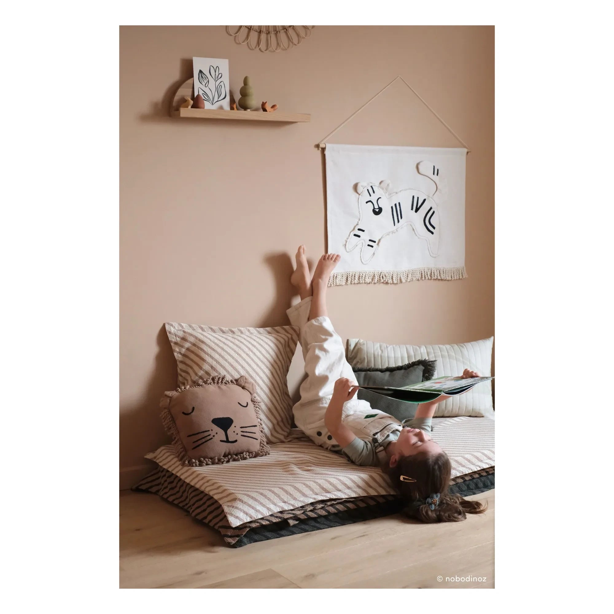 Nobodinoz - Lion Embroidered Pillow | Sand