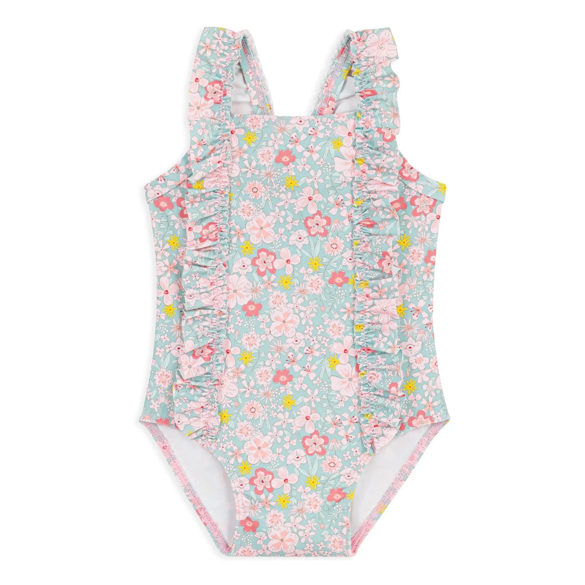 Petit Bateau - Floral Patterned Ruffled Baby Swimsuit | Turquoise