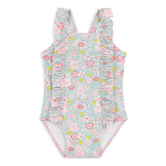 Petit Bateau - Floral Patterned Ruffled Baby Swimsuit | Turquoise