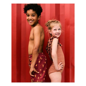 Beachlife - One-Piece Striped Ruffled Recycled Fabric Swimsuit | Caramel