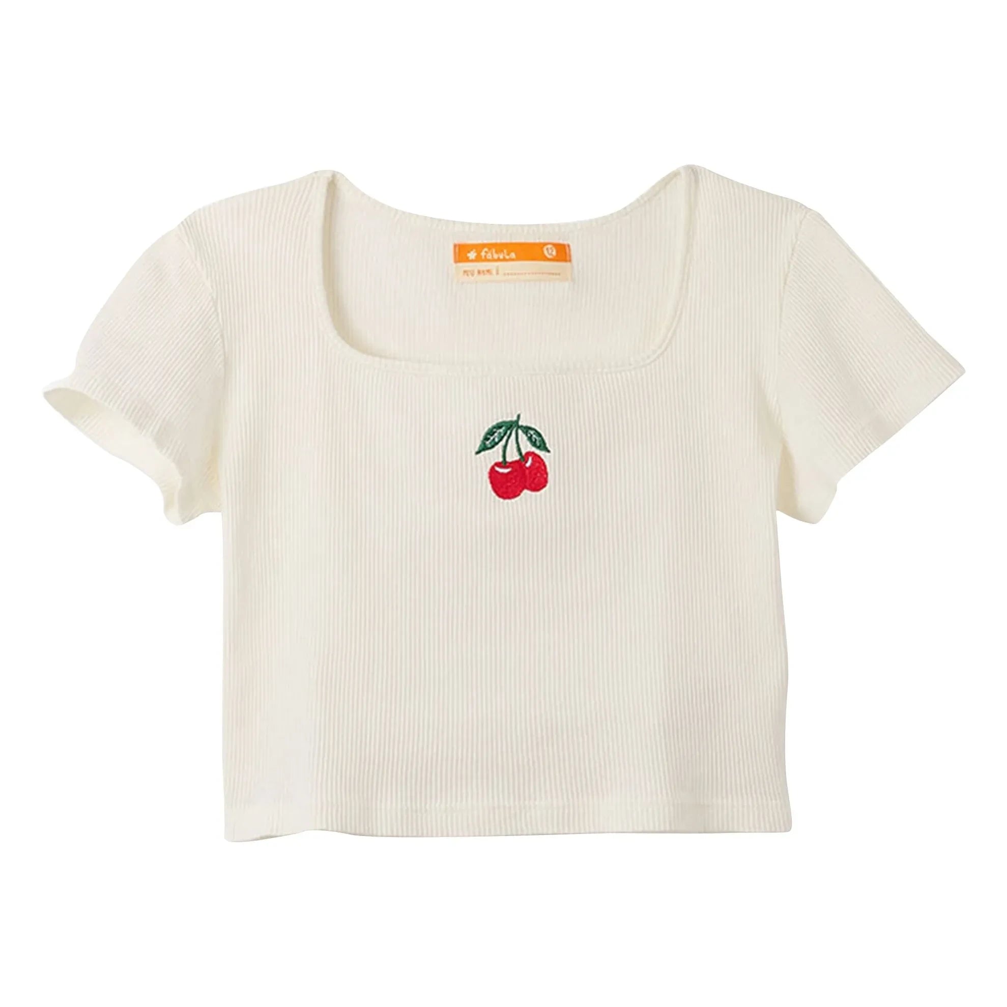 Fabula - Cherry Pattern Ribbed T-Shirt | White