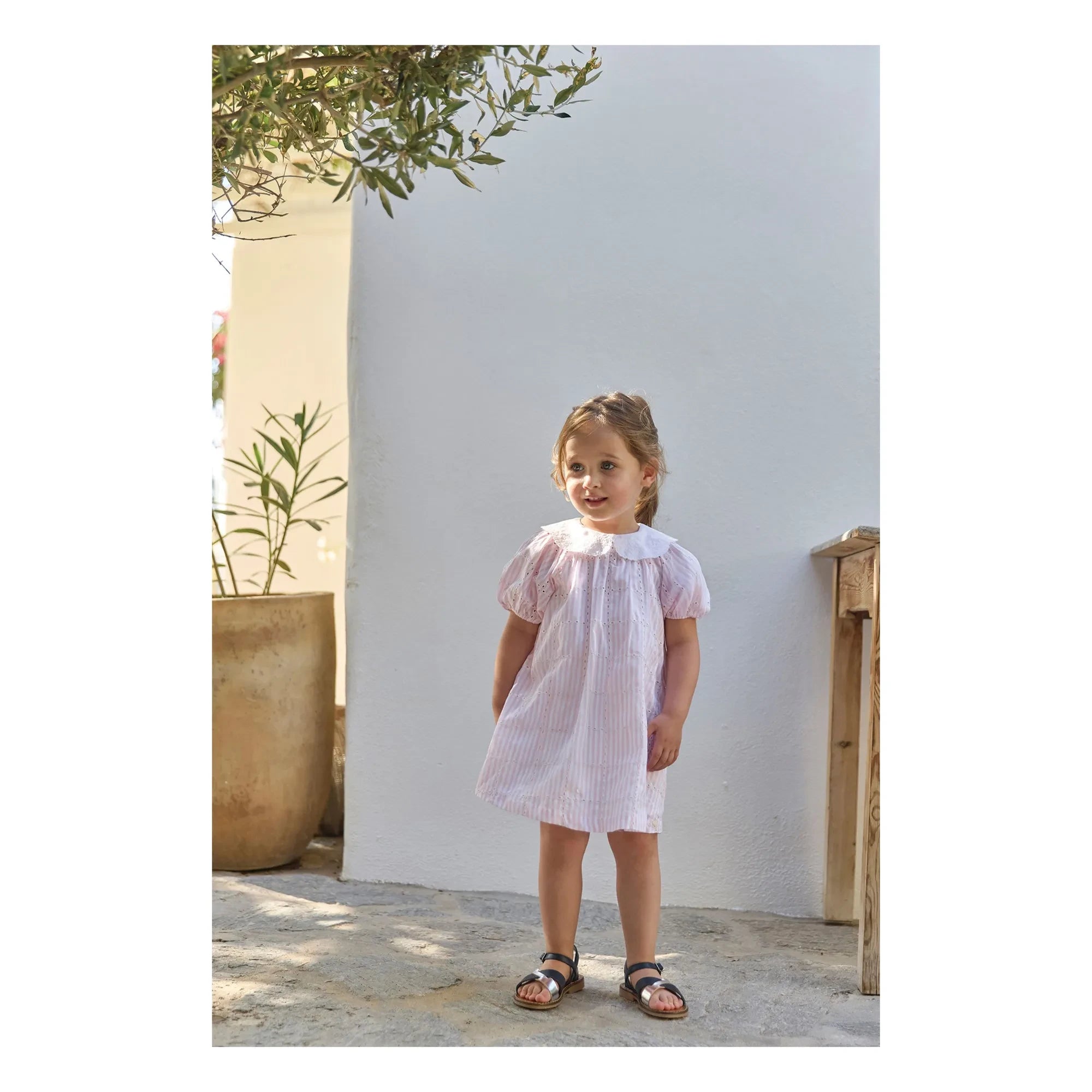Tartine et Chocolat - Striped Embroidered Claudine Collar Dress | Powder Pink