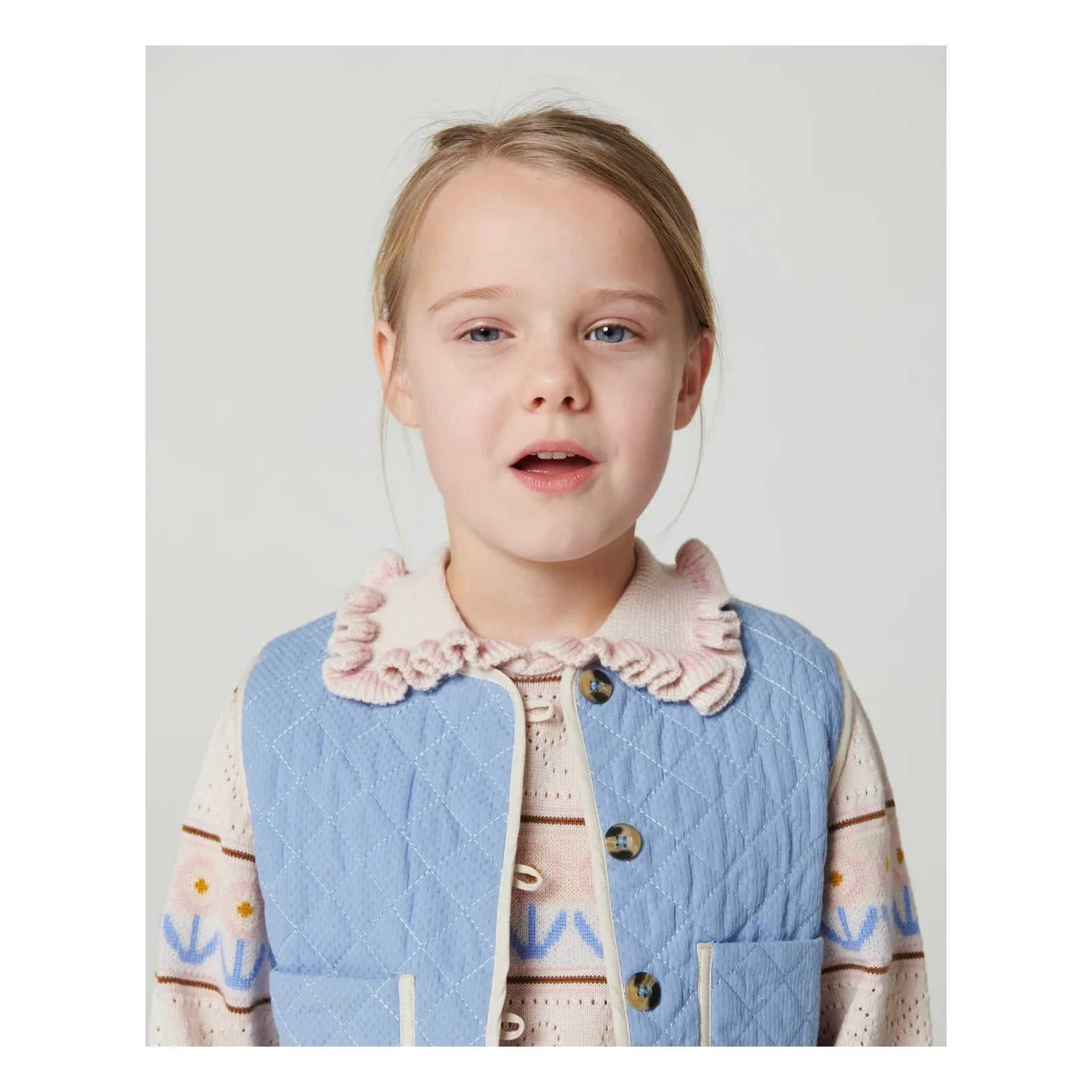 Copenhagen Colors - Moon Embroidered Organic Cotton Quilted Sleeveless Vest | Light blue