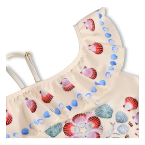 Molo - Asymmetric Ruffled Swimsuit with Seashell Print Made from Recycled Fibers | Ecru