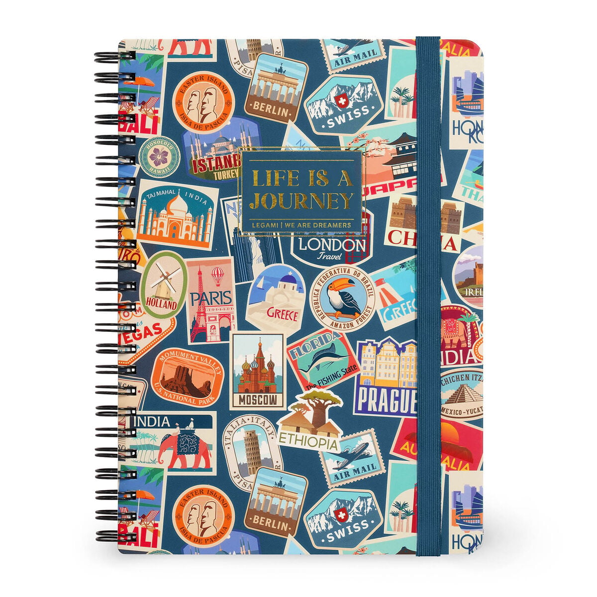 Legami - A5 Lined Notebook with Illustrated Hard Cover - Travel Stickers - Spiral-Bound