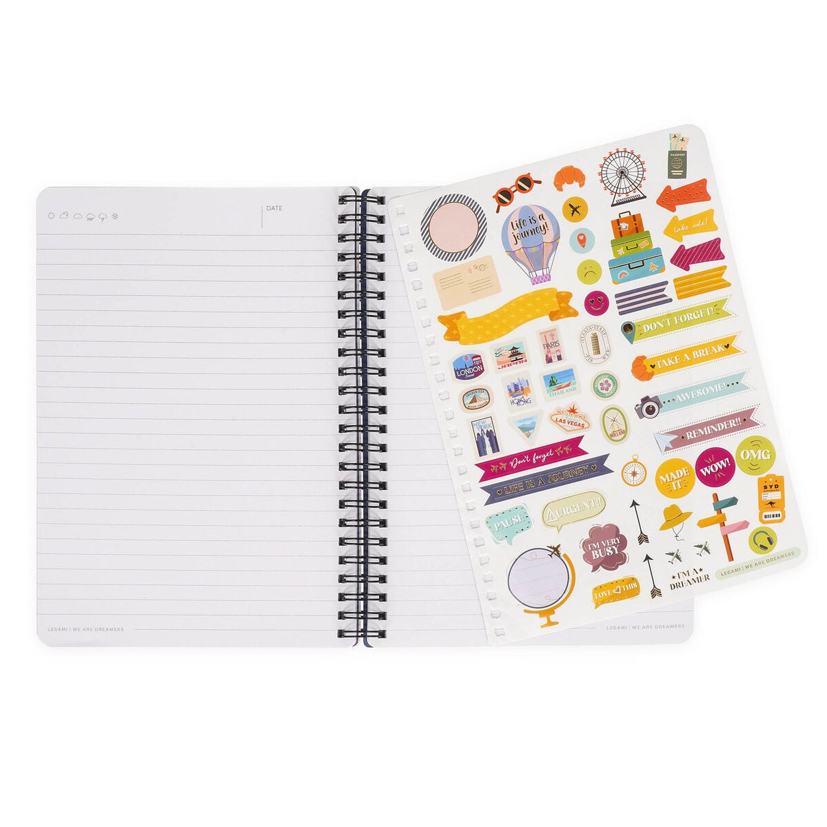 Legami - A5 Lined Notebook with Illustrated Hard Cover - Travel Stickers - Spiral-Bound