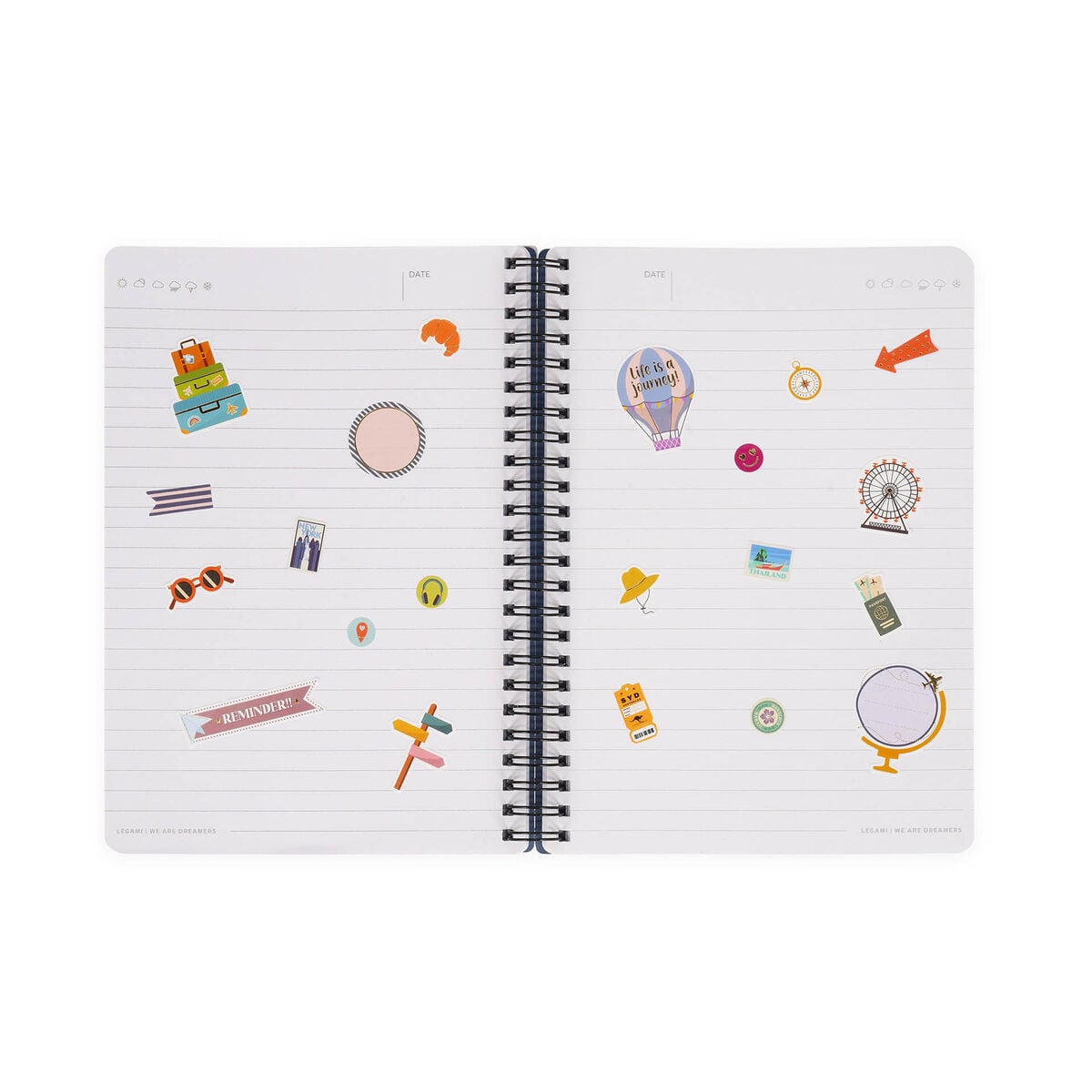 Legami - A5 Lined Notebook with Illustrated Hard Cover - Travel Stickers - Spiral-Bound