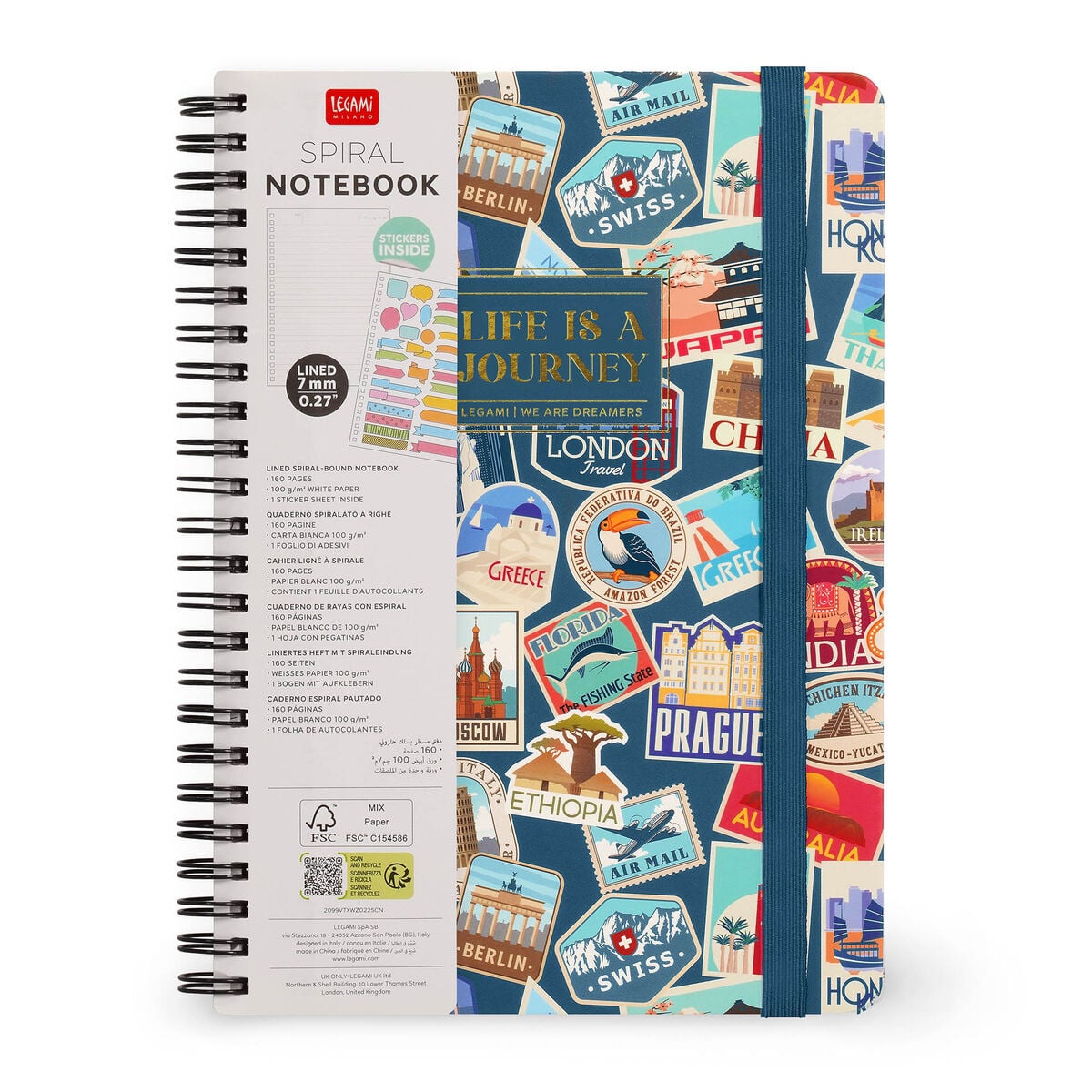Legami - A5 Lined Notebook with Illustrated Hard Cover - Travel Stickers - Spiral-Bound