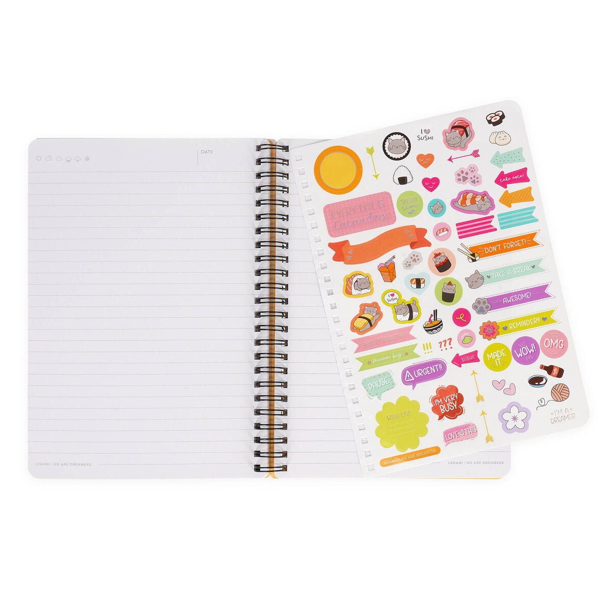 Legami - A5 Lined Defter ile Illustrated Hard Kılıf - Sushi Cat - Jotter - Spiral-Bound