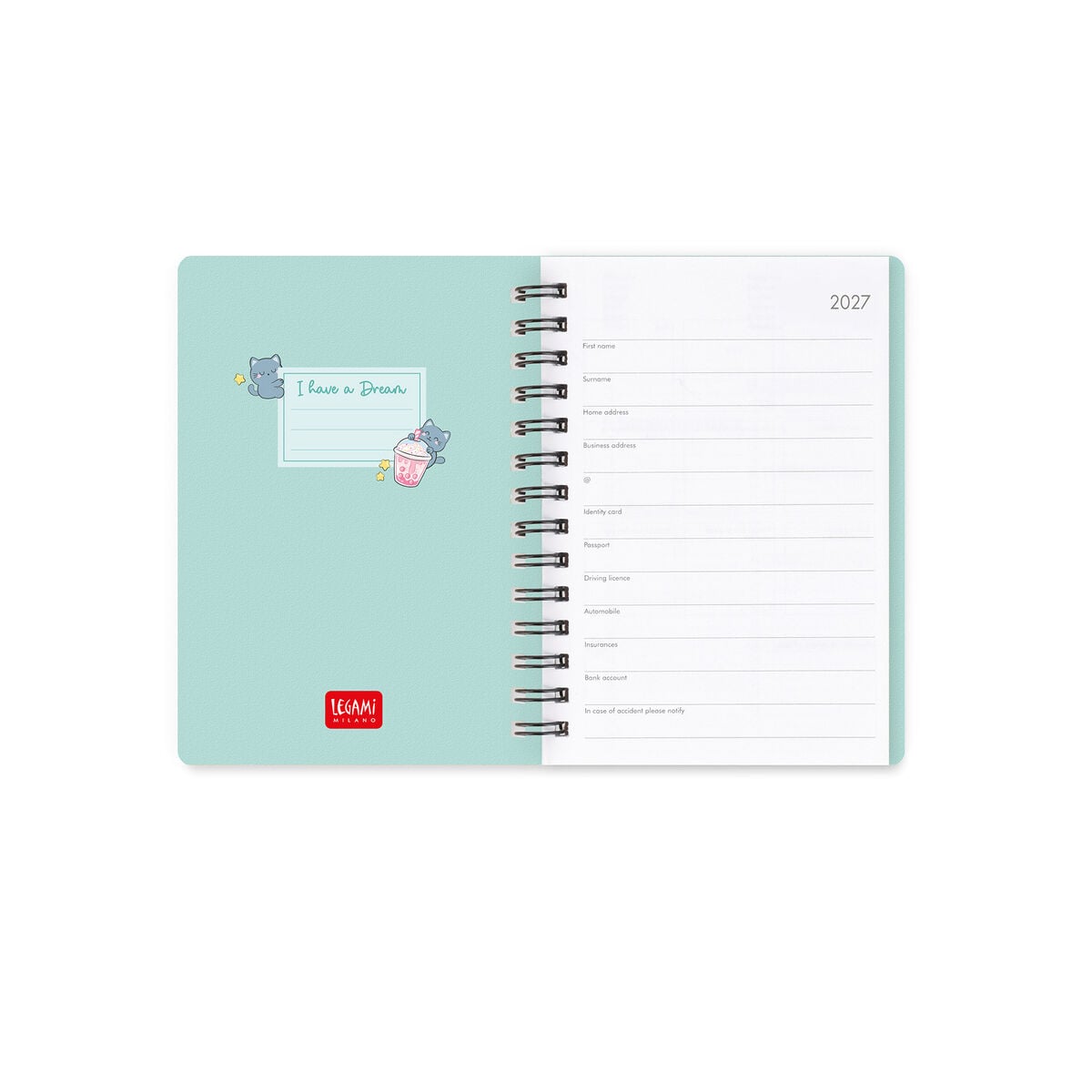 Legami - 12-Month Weekly Günlük - Küçük Spiral-Bound 2027 - Kitty Bubble Tea