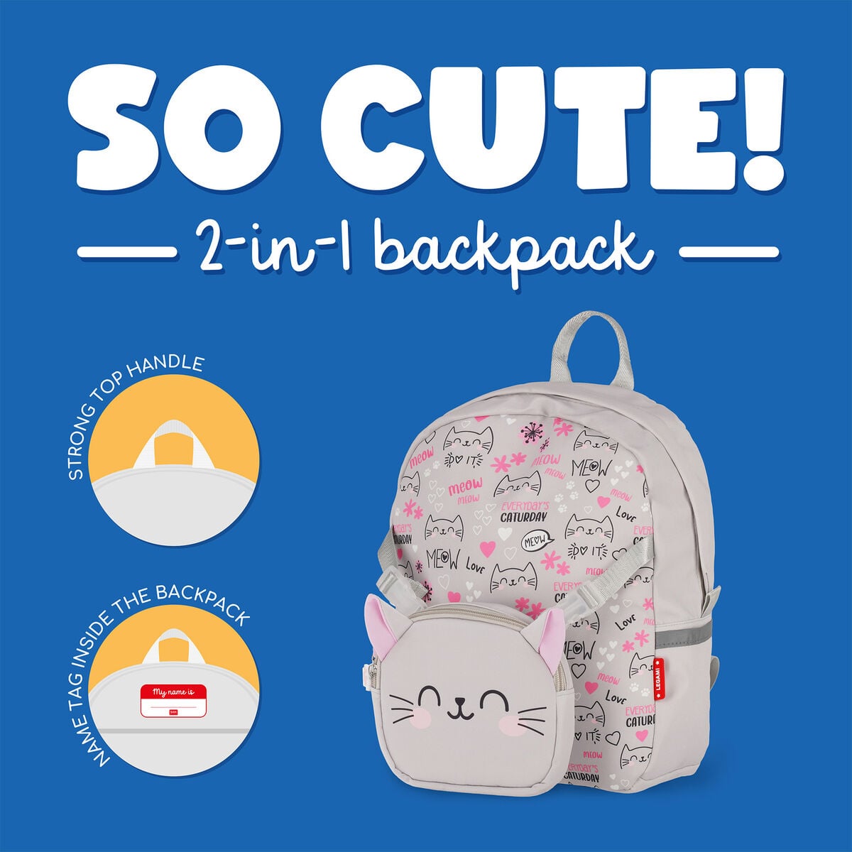 Legami - 2-in-1 Kitty Sırt Çantası ile Removable Front Pocket - Çok Tatlı!