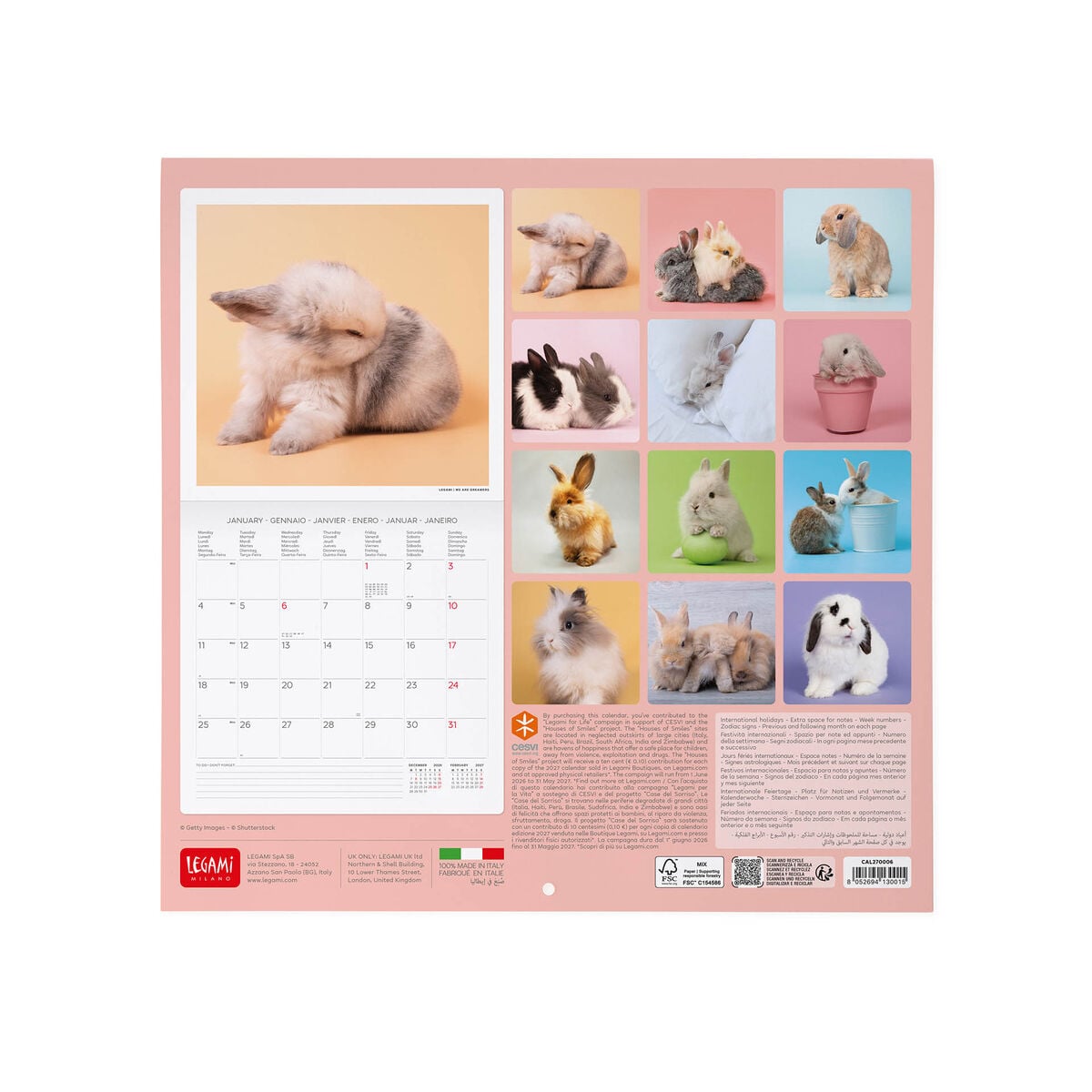 Legami - Honey Rabbit 2027 Wall Calendar - 30 x 29 cm